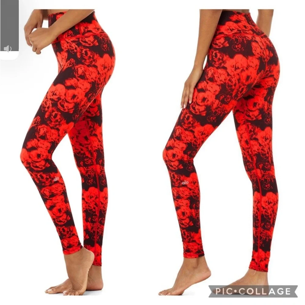 2 PIECE Alo Yoga VAPOR ROSES BRA & HIGH-WAIST ROSES LEGGING set in Cherry